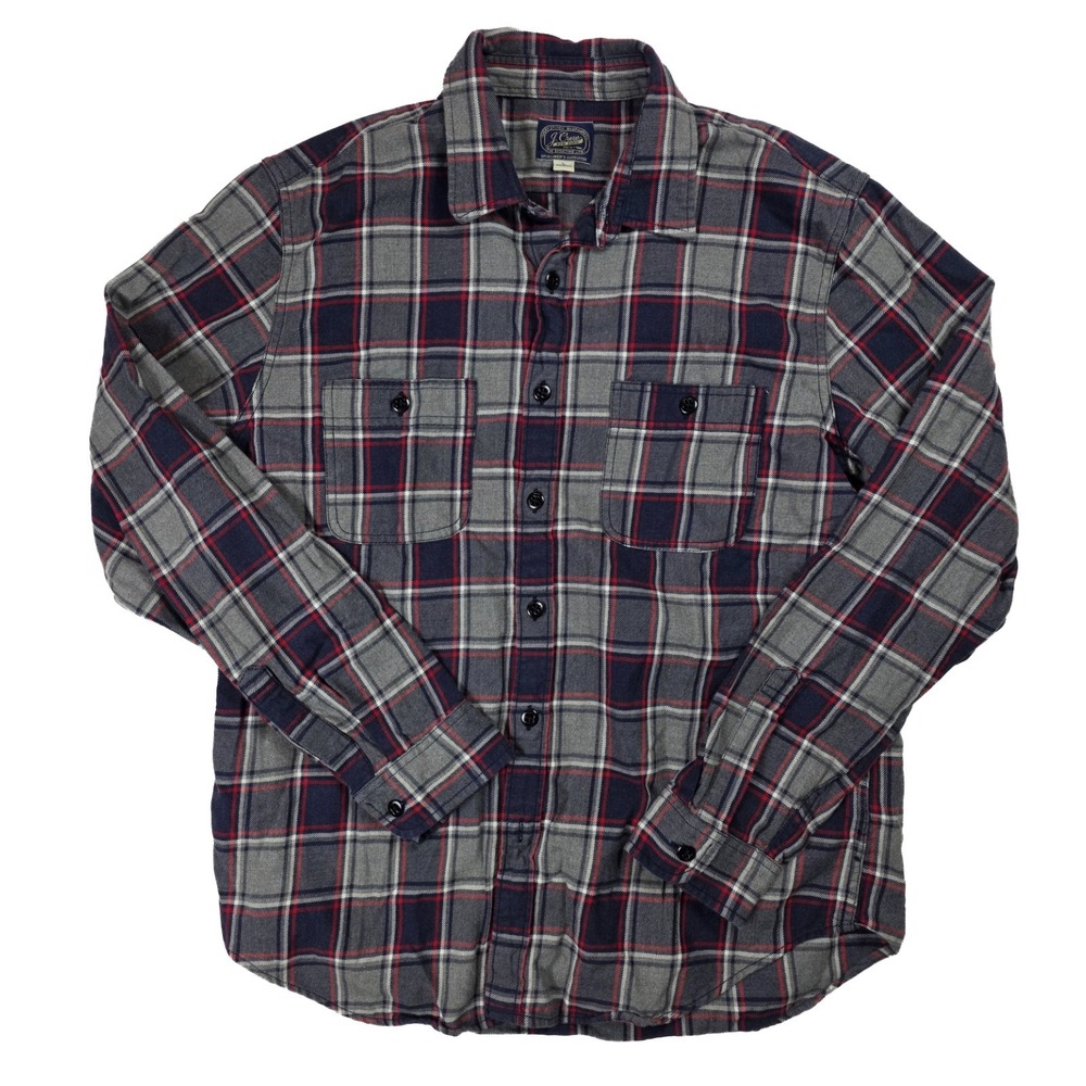 J Crew Flannel Workshirt Red Gray Plaid Shirt Men's Size Large